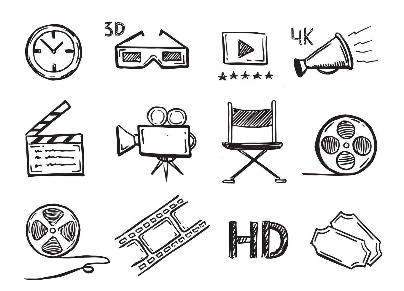 Conjunto de símbolos decorativos de cine, estilo doodle, vector dibujado a mano.