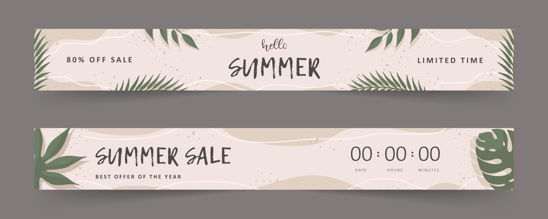 Hello Summer. Sale banner. Calligraphy quote. Vintage background with tropical leaves. Vector illustration in flat style