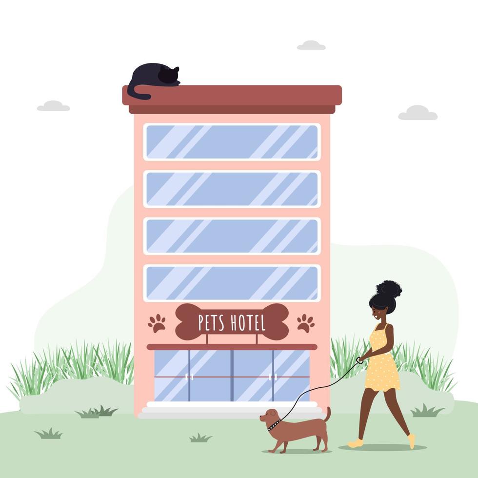 Pets hotel. Veterinary hospital services and domestic animals hotels. Dogs grooming and health check center. Vet clinic, robotic pet sitters metaphors. Vector illustrations in flat style.