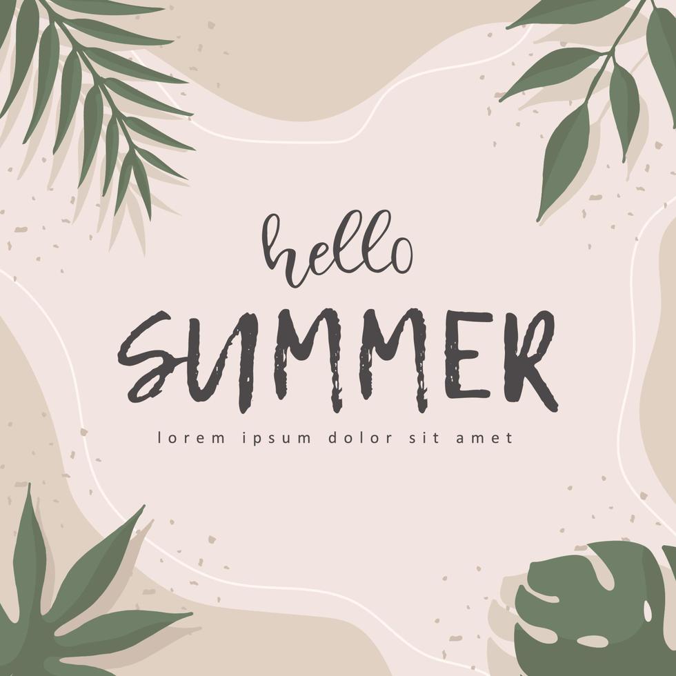 Hello Summer banner. Calligraphy quote. Vintage background with tropical leaves. Vector illustration in flat style