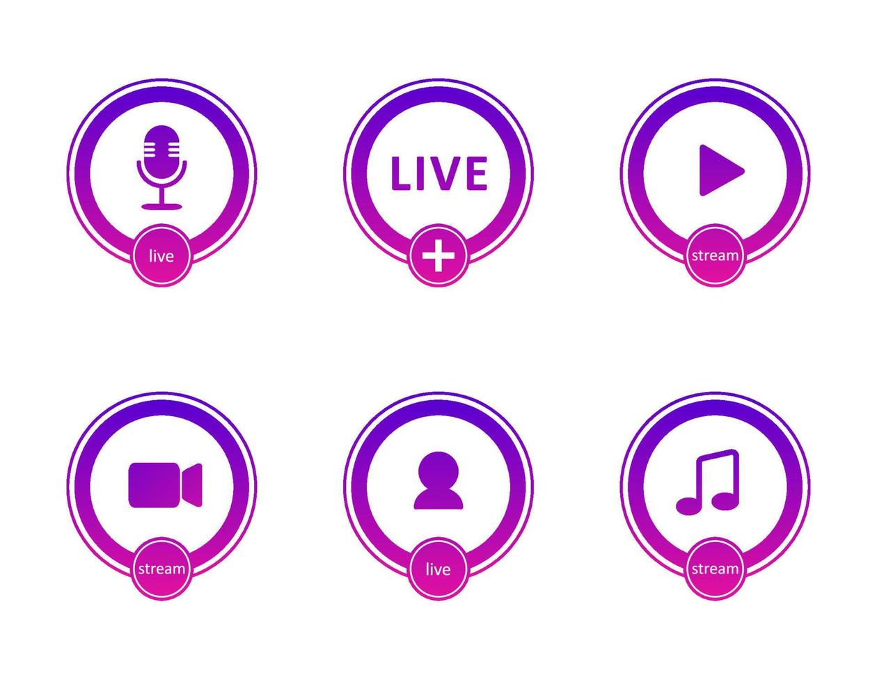 Set of live streaming icons. Gradient symbols and buttons of live streaming, broadcasting, online webinar. Label for tv, shows, movies and live performances. Vector flat illustration. EPS10.