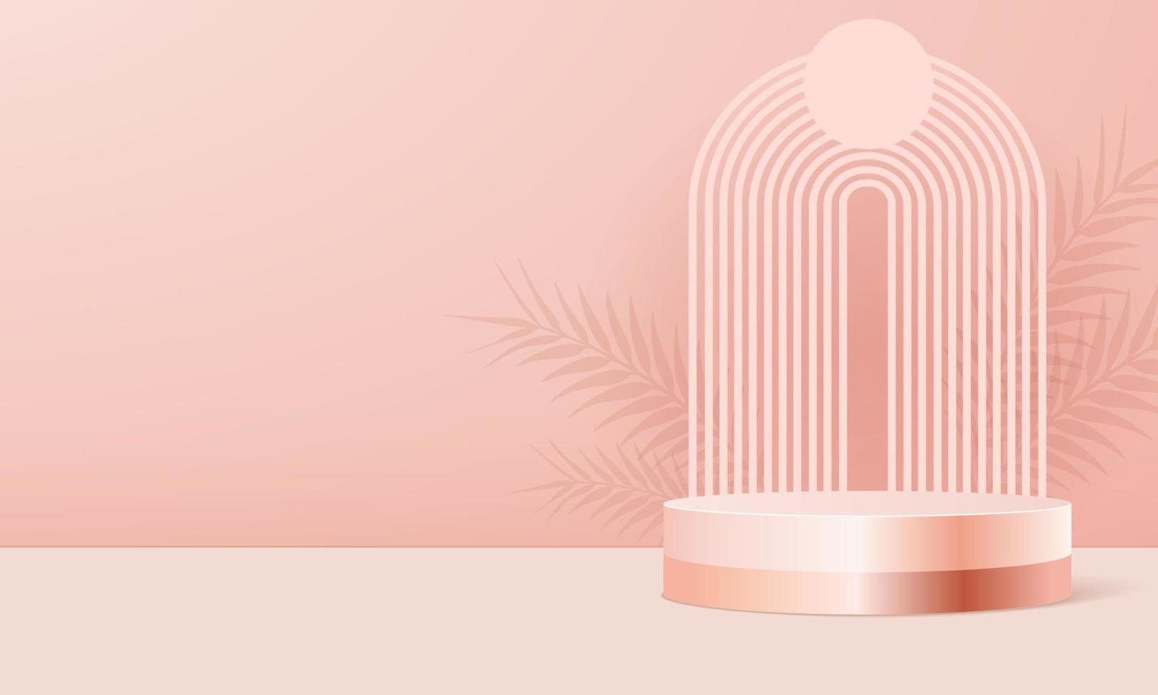 Product podium in pink pastel background with shadow leaves. Abstract minimal scene to presentation or show cosmetic. Vector realistic platform. 3d render