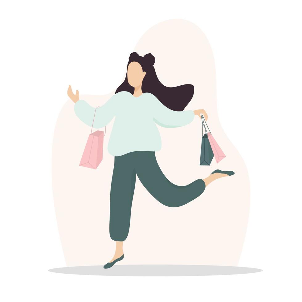 mujer de compras. niña feliz cargando bolsas. ilustración de dibujos animados de vector aislado sobre fondo blanco. plantilla de promoción y venta.