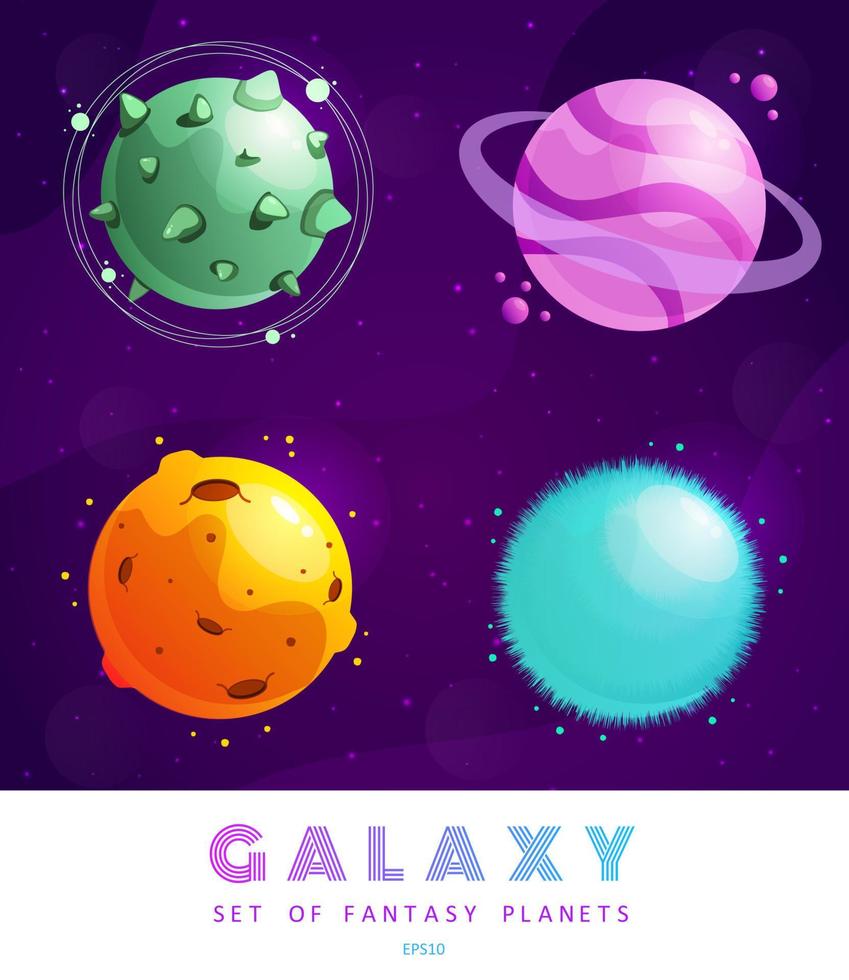 Vector set of cartoon planets. Colorful set of isolated objects. Space background. Fantasy planets. Colorful universe. Game design. Fantasy space planets for ui galaxy game. EPS 10.