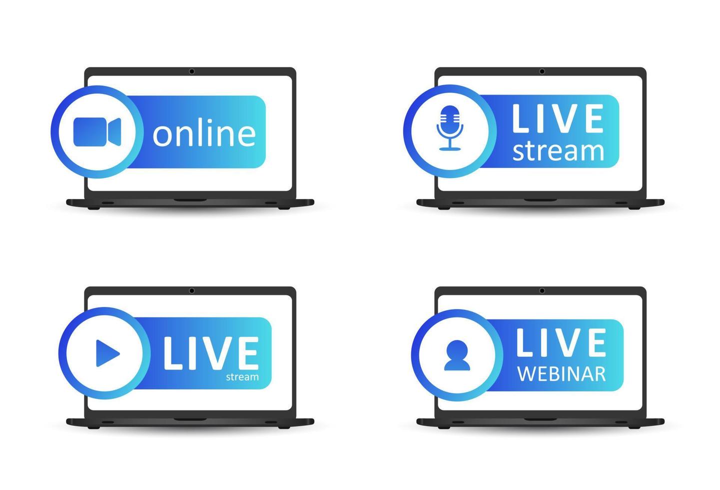 Set of live streaming icons. Gradient symbols and buttons of live streaming, broadcasting, online webinar. Label for tv, shows, movies and live performances. Vector flat illustration. EPS10.