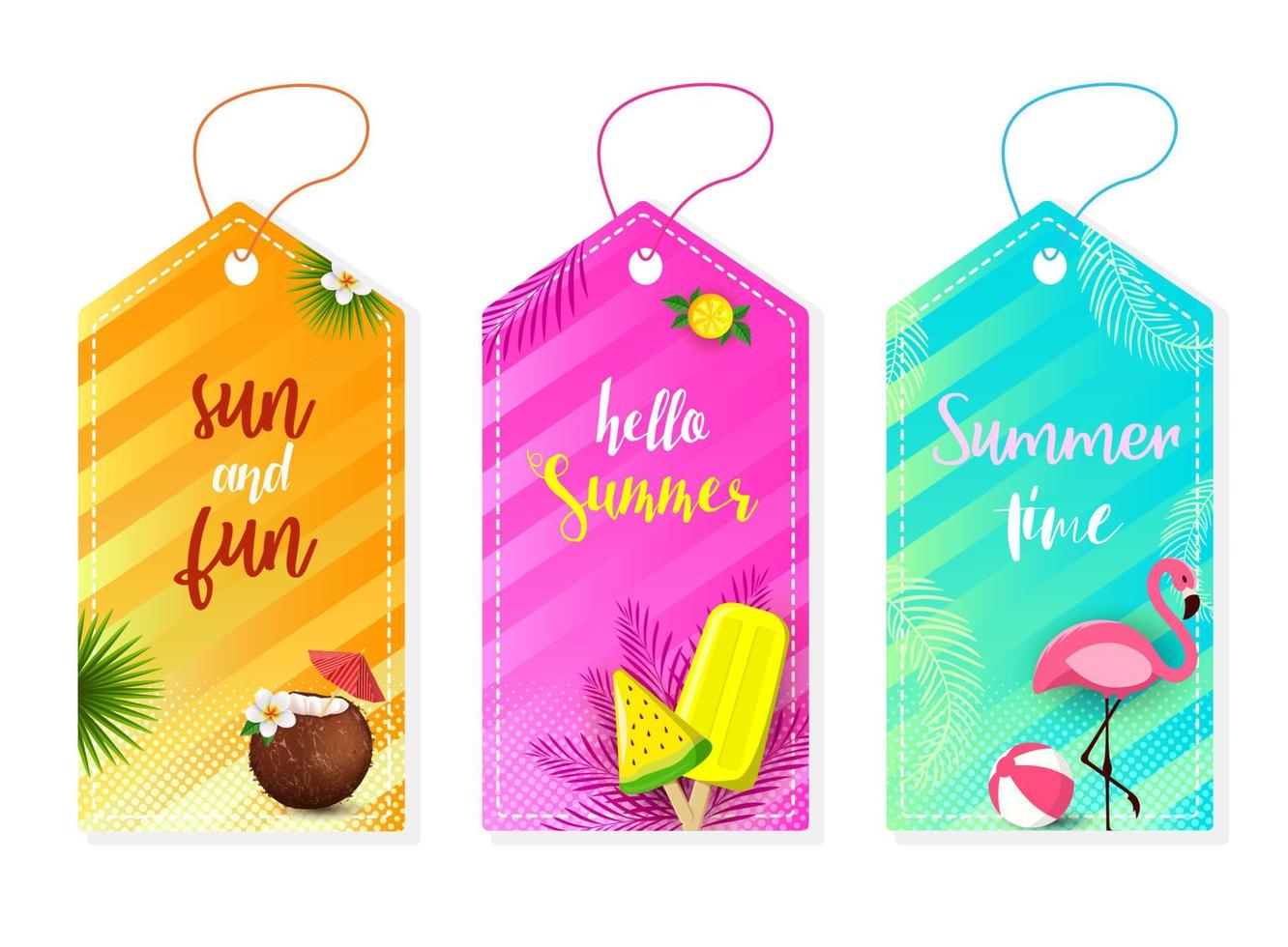 conjunto de etiquetas de venta y regalo de verano, etiquetas con elementos divertidos, letras dibujadas a mano. colección con hojas de palma tropical, plantas, flamingo, helado, coco y mucho más. vector