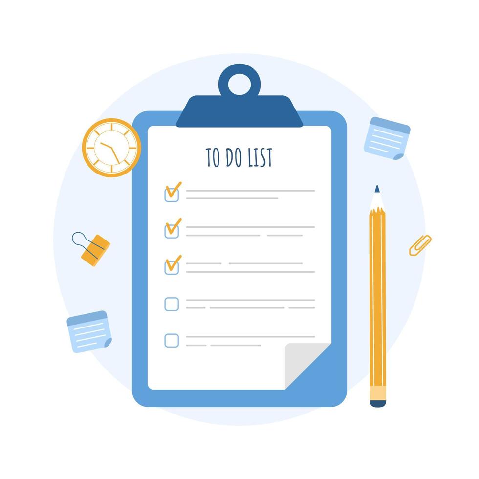 To do list in clipboard on the table. Business planning, organization and achievements of goals. Checklist with done mark. Vector illustration in flat cartoon style