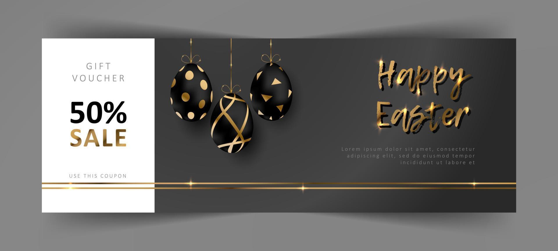 Easter gift voucher. Commercial discount coupon. Black background with gold lettering vector