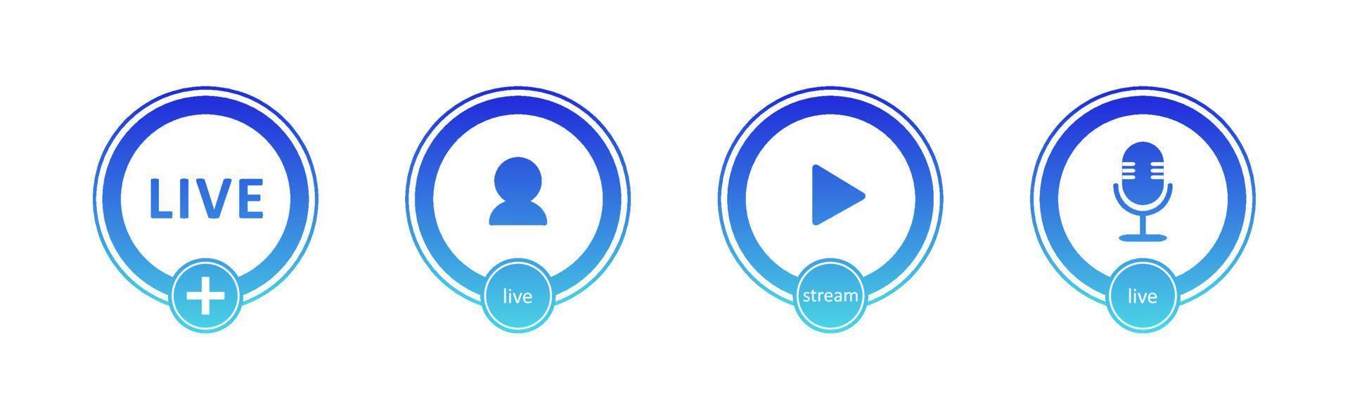 Set of live streaming icons. Gradient symbols and buttons of live streaming, broadcasting, online webinar. Label for tv, shows, movies and live performances. Vector flat illustration. EPS10.