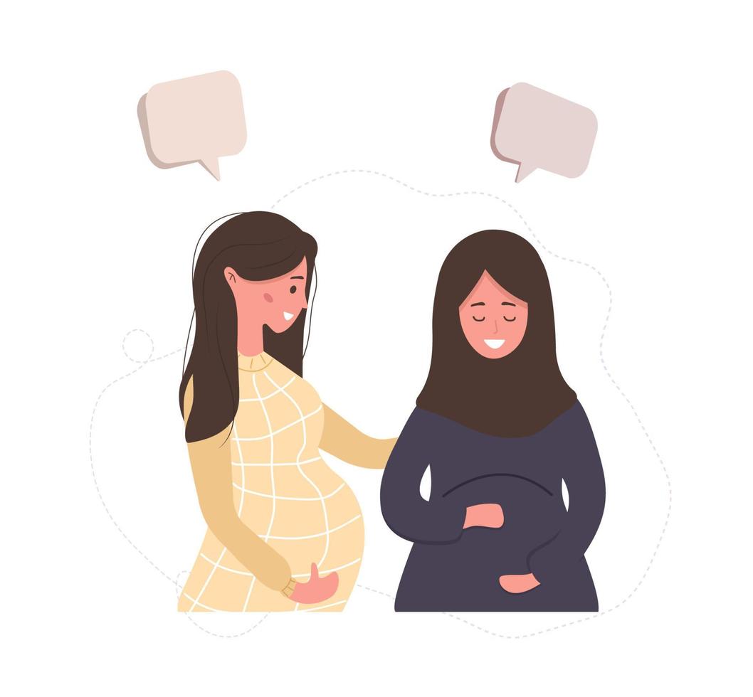 Pregnant girl talk to each other. Business women discuss social network, chat with dialog speech bubbles, debate working moments. Modern vector illustration in flat style.