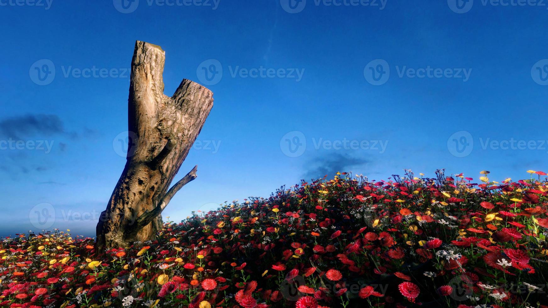 Fields of flowers and large trees that receive the sunlight during the day. bright sky and clouds 3d rendering photo