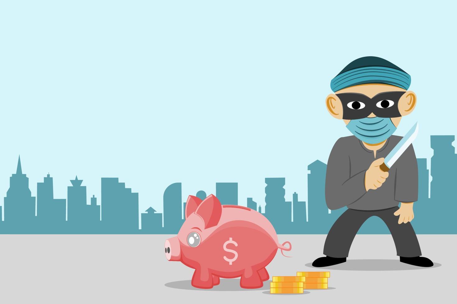 Money robbery concept illustration Thief and piggy bank background building and building vector