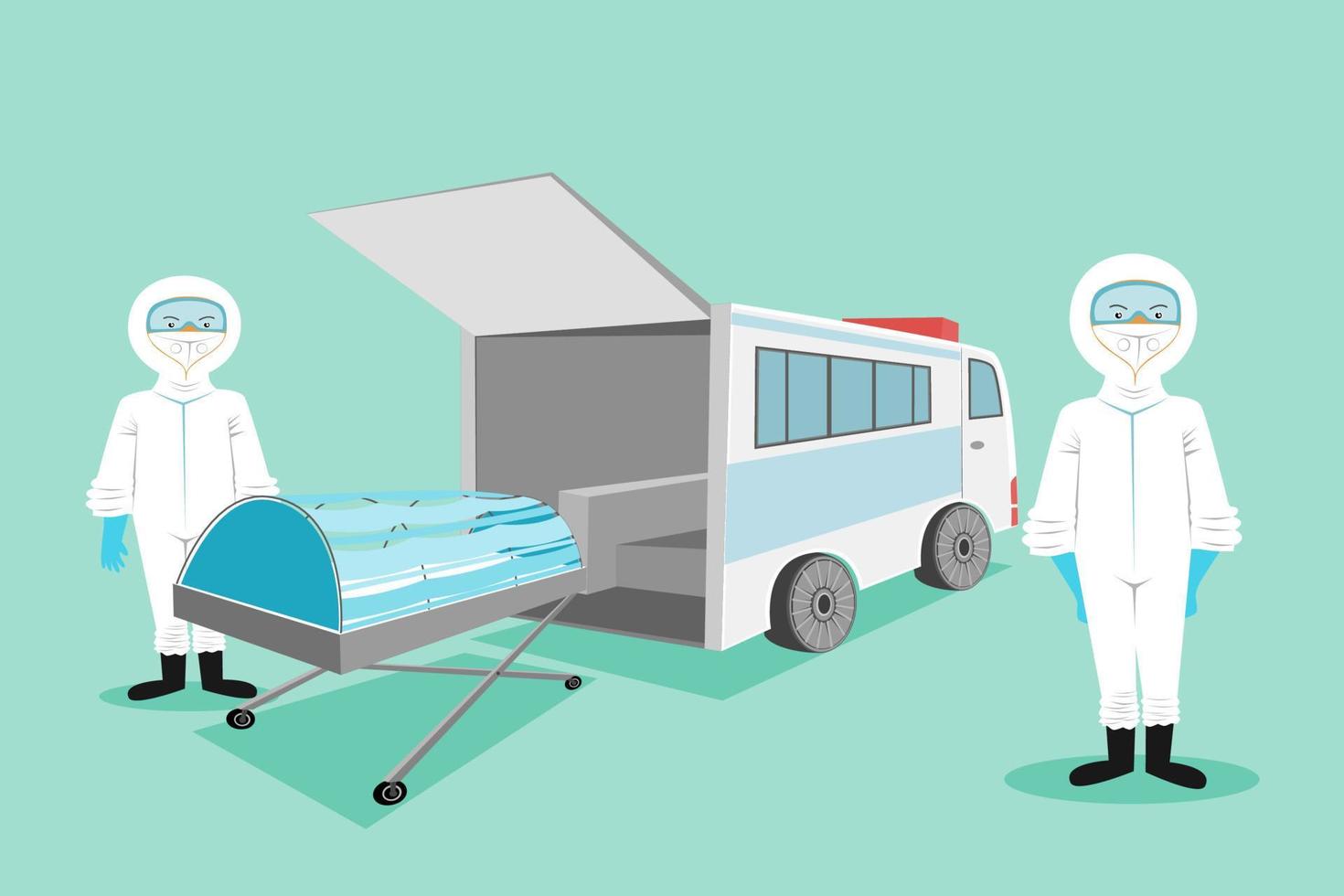 Illustration of a doctor nurse in a prophylactic gown with an ambulance car vector