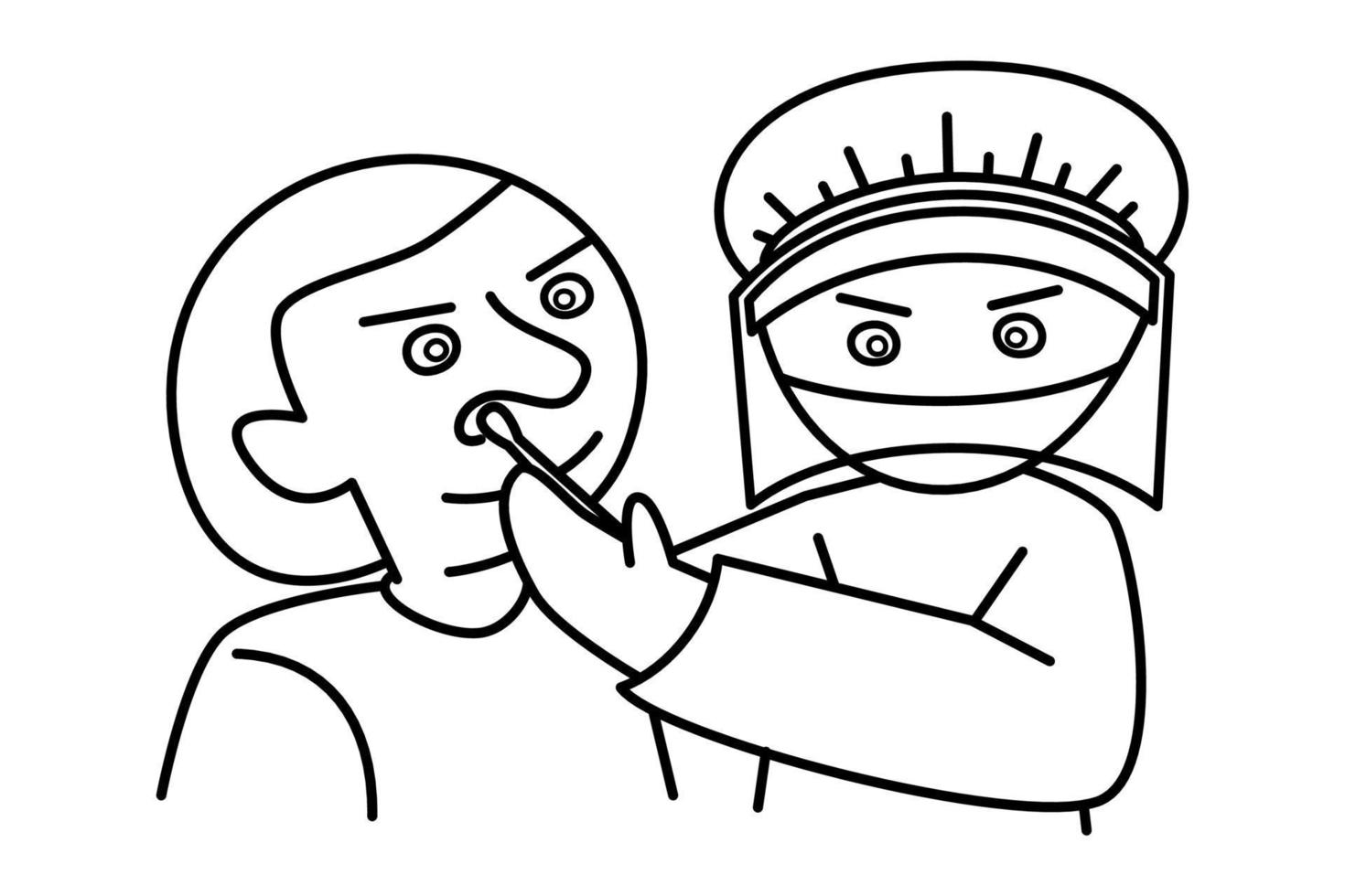 Character line drawing medical personnel wear masks and examination equipment vector