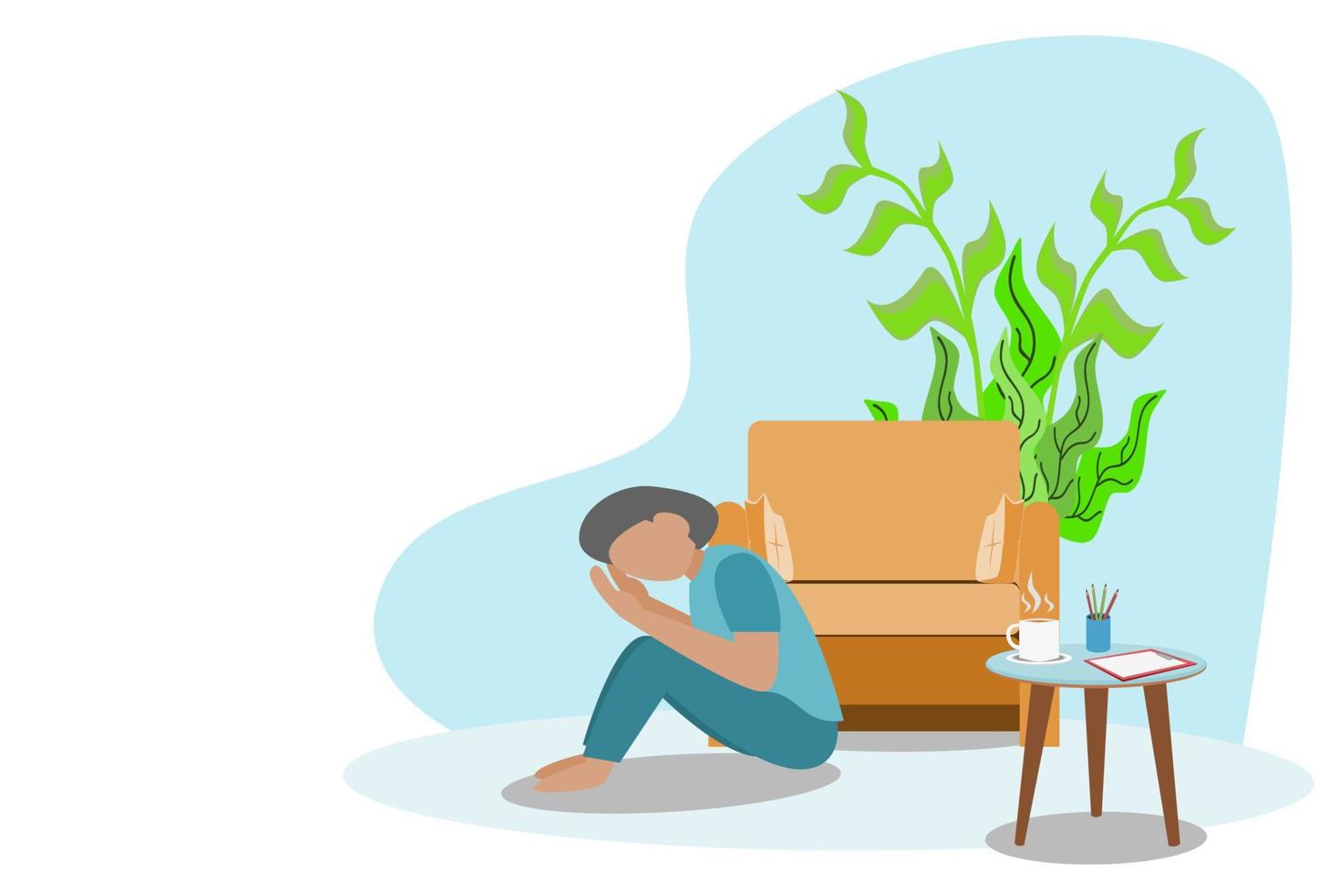 Cartoon man with his hand covered face sitting next to the sofa, anxious concept to find an exit vector