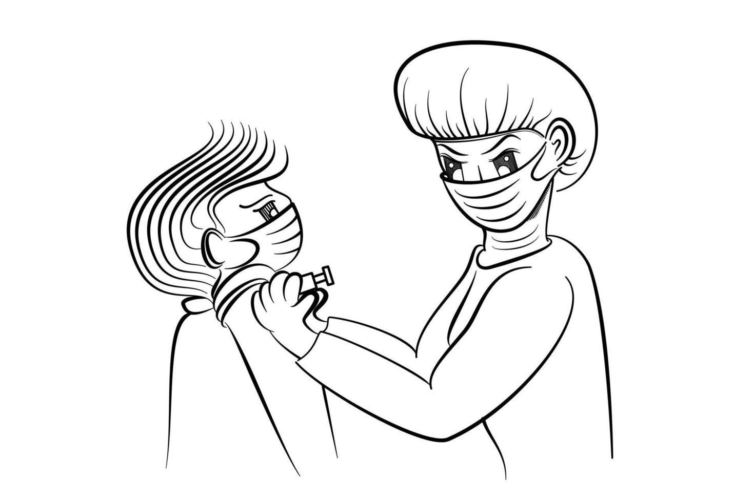 cartoon character line illustration of a nurse vaccinating a patient in a virus protective suit vector