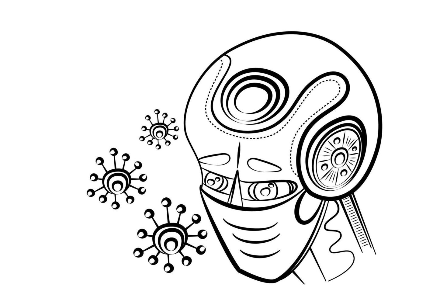 Line art illustration of a robot wearing a virus vector