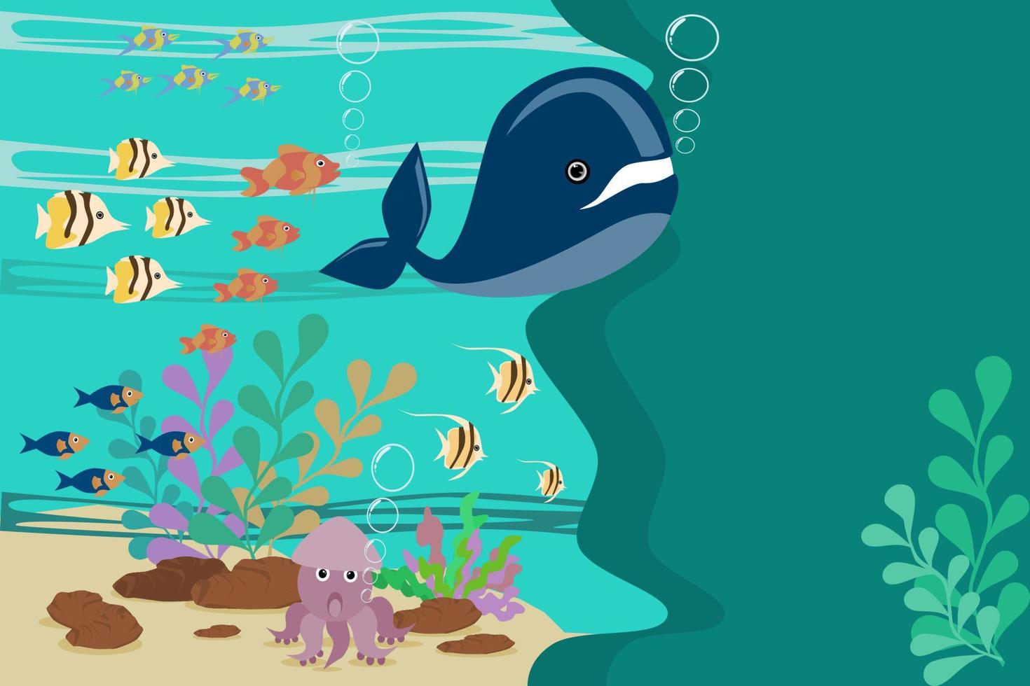 Illustration of marine life under the sea, squid, and fish that swim through coral vector