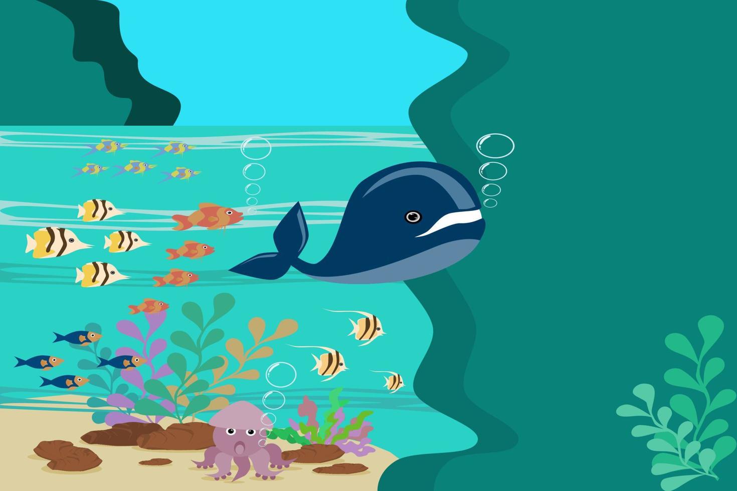 Illustration of marine life under the sea, squid, and fish that swim through coral vector