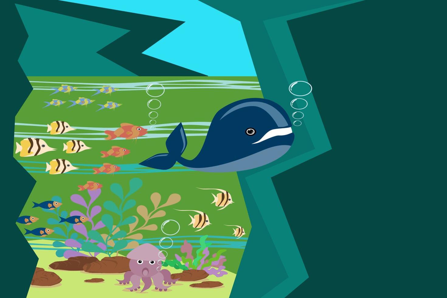 Illustration of marine life under the sea, squid, and fish that swim through coral vector