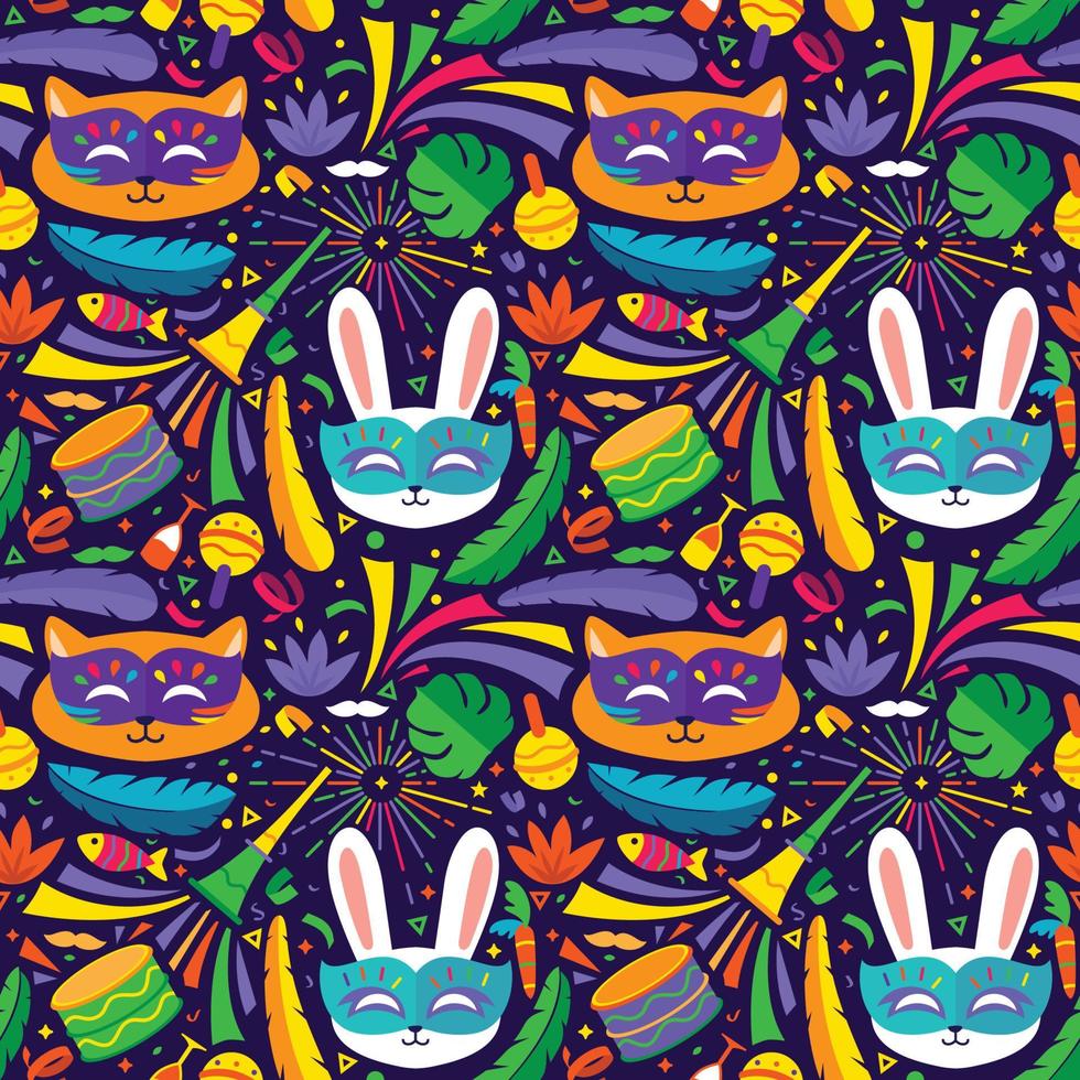 lindo colorido de patrones sin fisuras mardi gras carnaval gatos y conejito ilustración vector