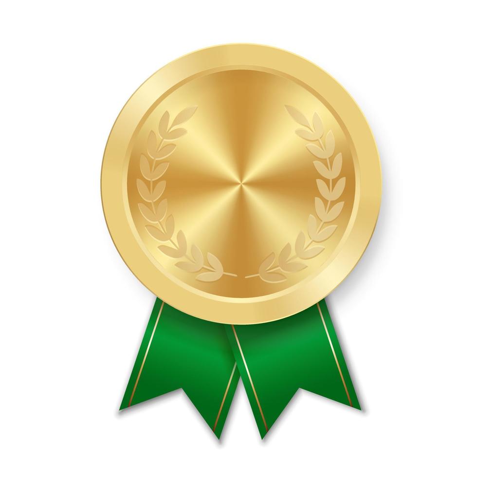 medalla deportiva de premio dorado para ganadores con cinta verde vector