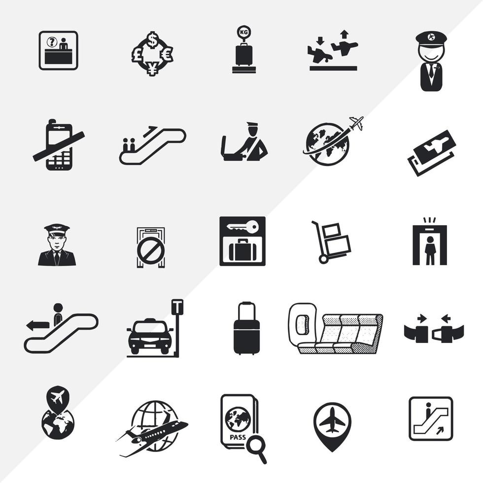 conjunto de iconos de vector de aeropuerto y un logotipo, aislado en un fondo negro