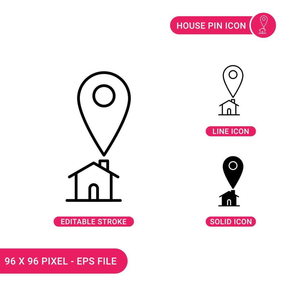 House pin icons set vector illustration with solid icon line style. Pin location concept. Editable stroke icon on isolated background for web design, infographic and UI mobile app.
