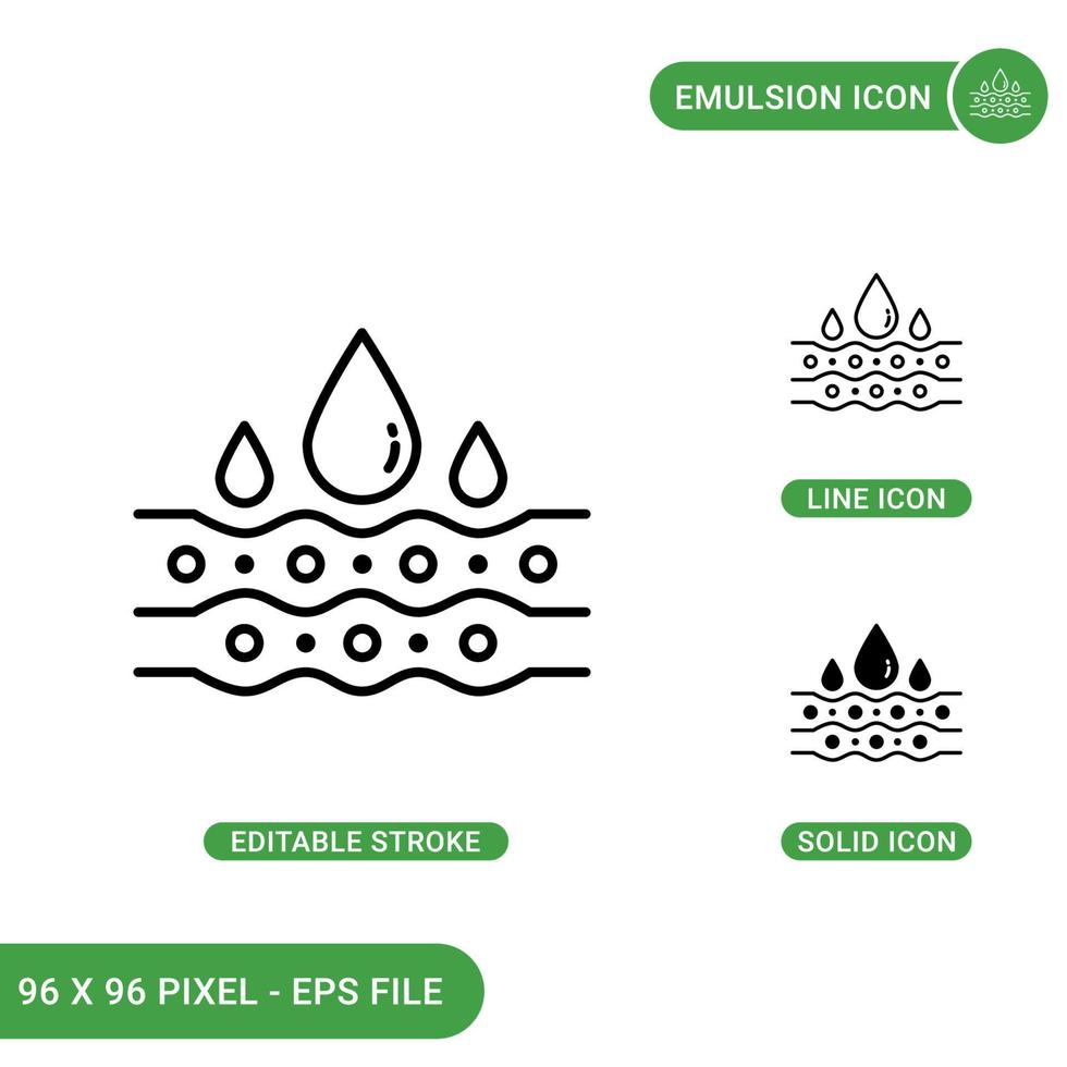 Emulsion card icons set vector illustration with solid icon line style. Drop water absorption concept. Editable stroke icon on isolated background for web design, infographic and UI mobile app.
