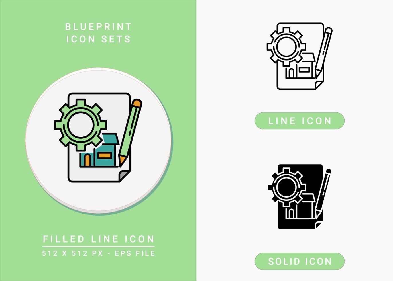 Blueprint icons set vector illustration with solid icon line style. Gear and paper symbol. Editable stroke icon on isolated background for web design, user interface, and mobile app