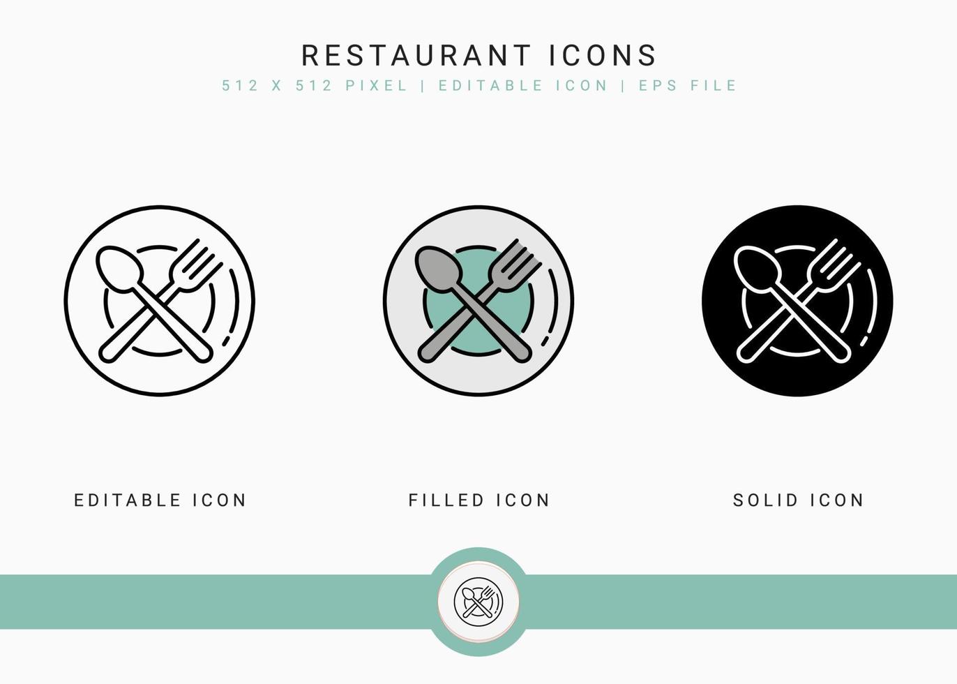 Restaurant icons set vector illustration with solid icon line style. Cafeteria food plate concept. Editable stroke icon on isolated background for web design, infographic and UI mobile app.