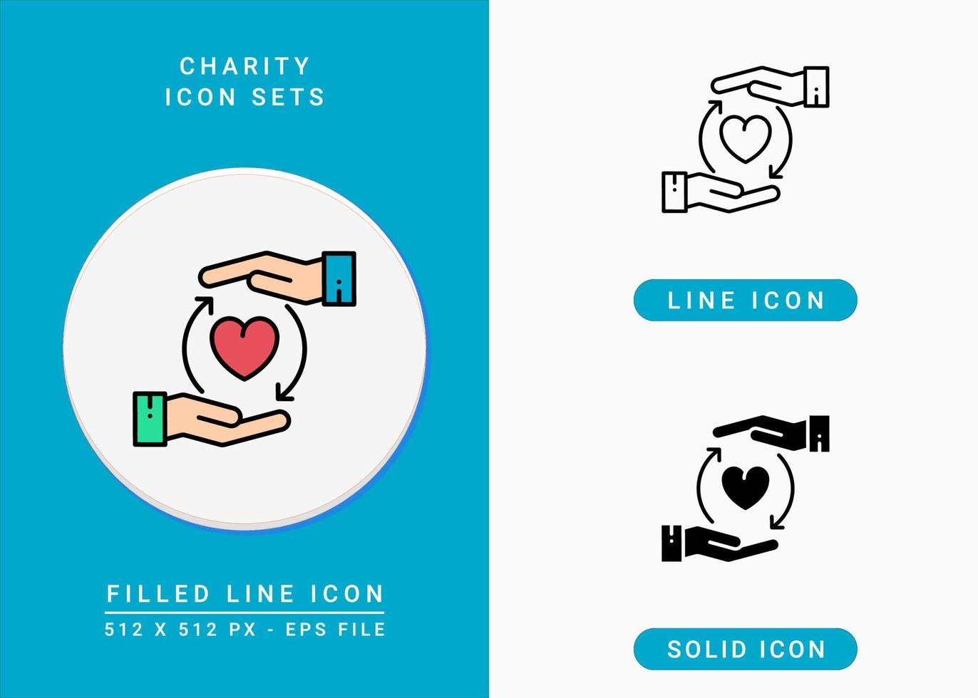 Charity icons set vector illustration with solid icon line style. Care donation support. Editable stroke icon on isolated background for web design, infographic and UI mobile app.