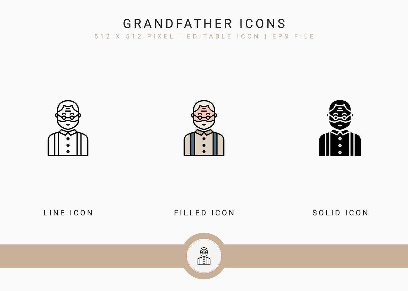 Grandfather icons set vector illustration with solid icon line style. Grandparents face concept. Editable stroke icon on isolated background for web design, user interface, and mobile app