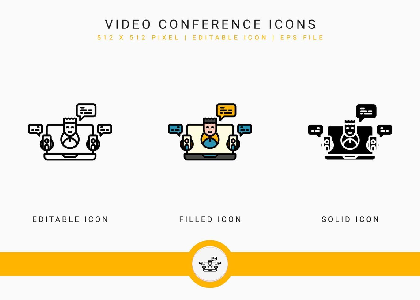 Video Conference icons set vector illustration with solid icon line style. Online communication concept. Editable stroke icon on isolated background for web design, infographic and UI mobile app.