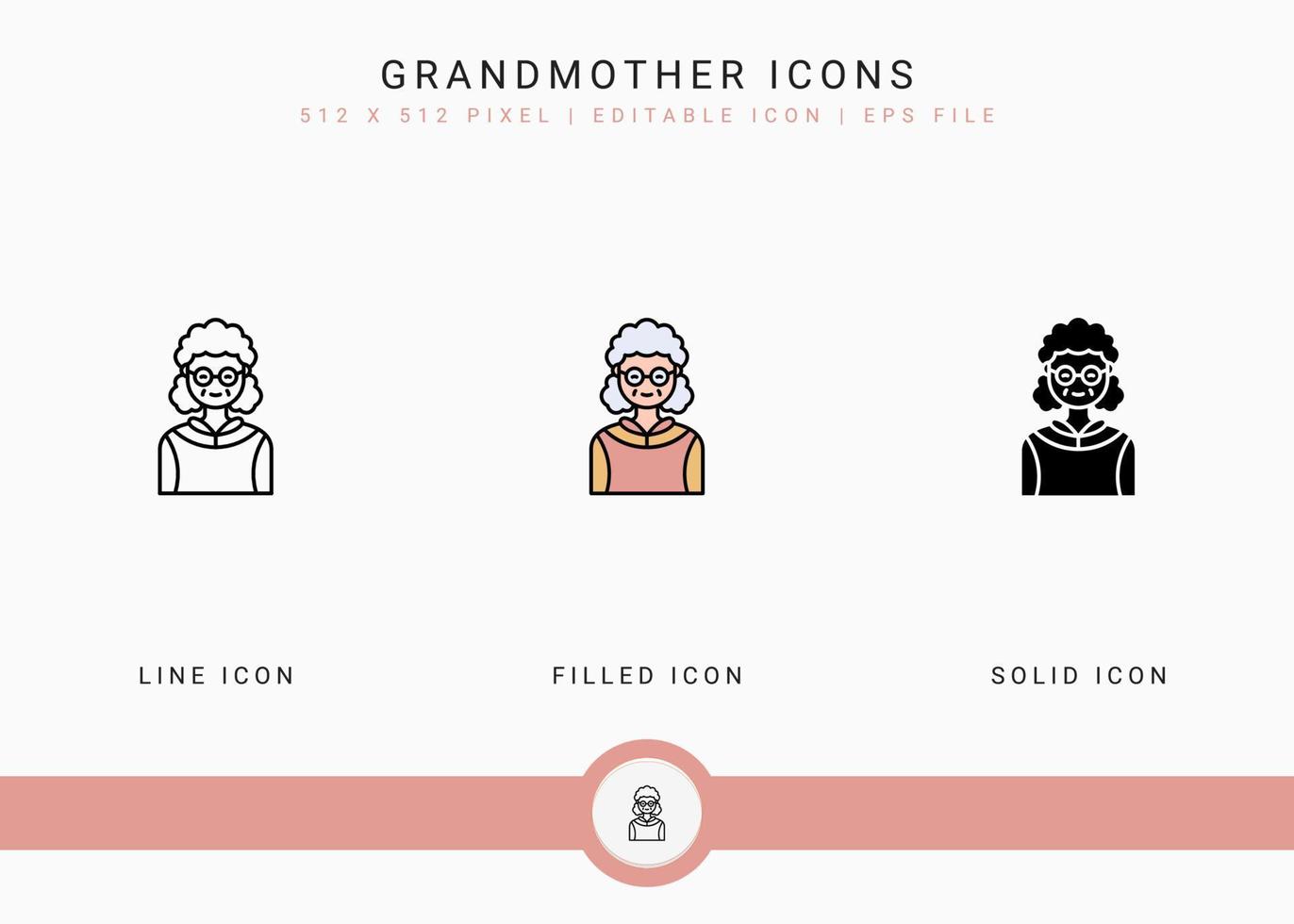 Grandmother icons set vector illustration with solid icon line style. Grandma face symbol. Editable stroke icon on isolated background for web design, user interface, and mobile app