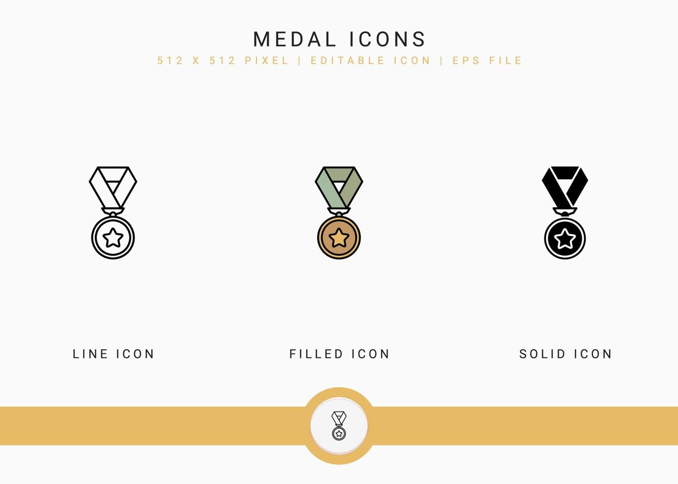 Medal icons set vector illustration with solid icon line style. Winner award concept. Editable stroke icon on isolated background for web design, user interface, and mobile app