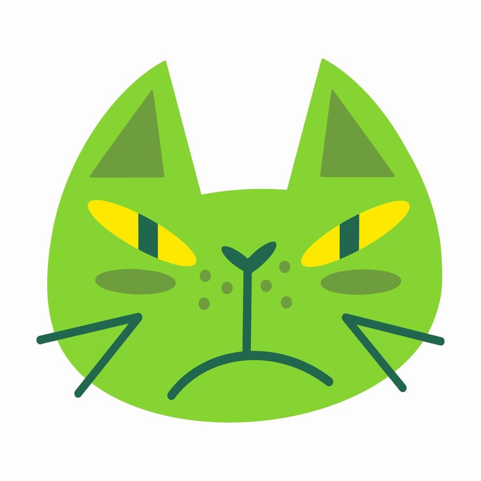 ilustración vectorial dibujada a mano de una cara de gato. cabeza de gato verde aislada sobre fondo blanco. gato sombrío, mascota enojada. estilo plano, icono de vector