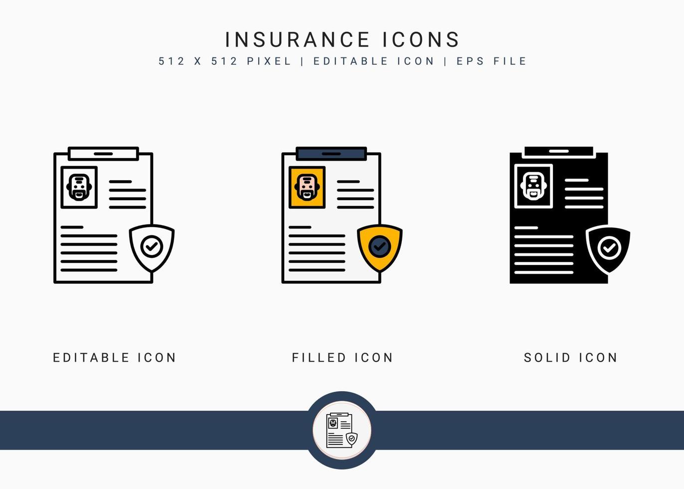 los iconos de seguros establecen una ilustración vectorial con un estilo de línea de iconos. concepto de plan de fondo de pensiones. icono de trazo editable sobre fondo blanco aislado para diseño web, interfaz de usuario y aplicación móvil vector