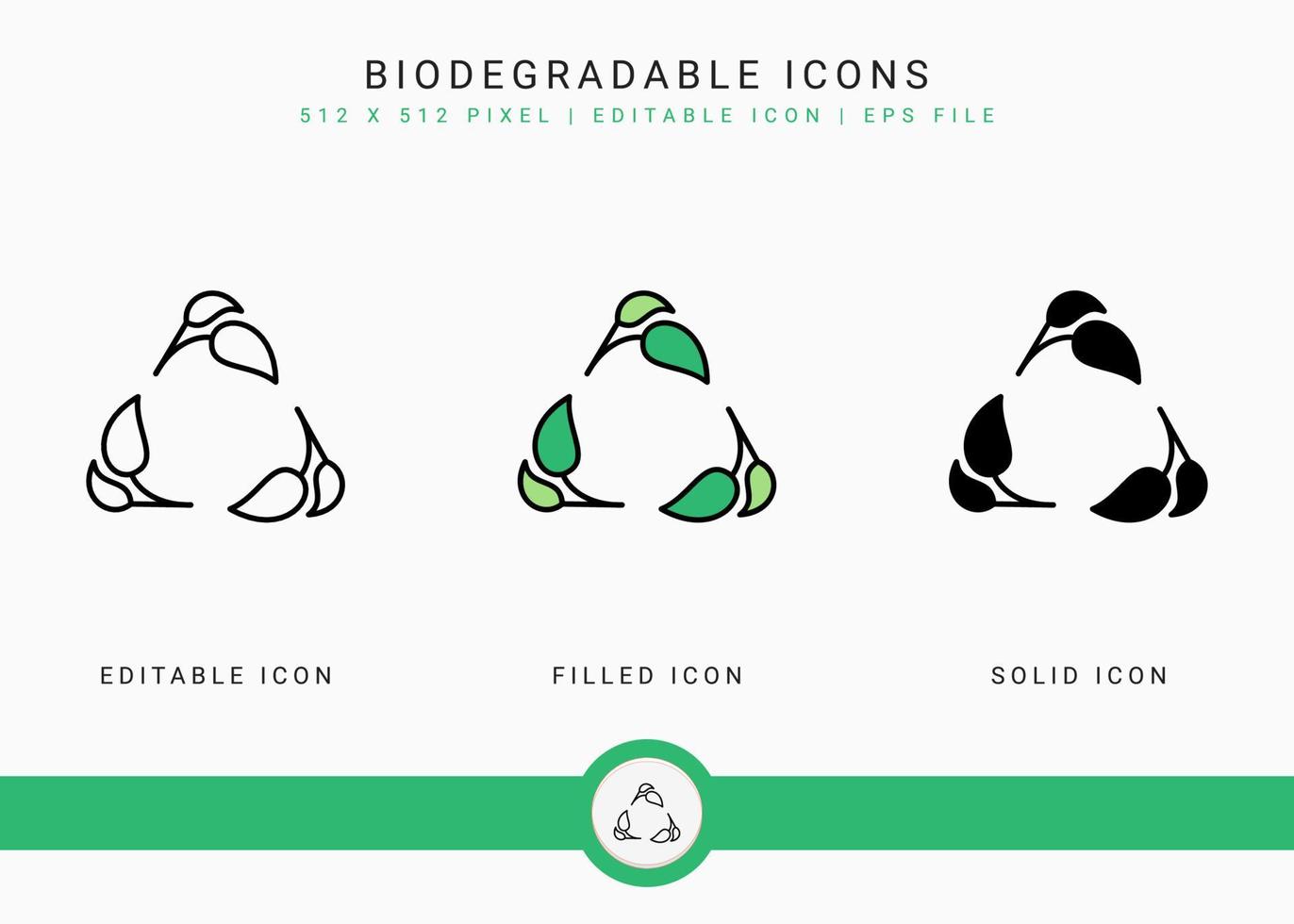 Biodegradable icons set vector illustration with solid icon line style. Recycle leaf concept. Editable stroke icon on isolated white background for web design, user interface, and mobile application