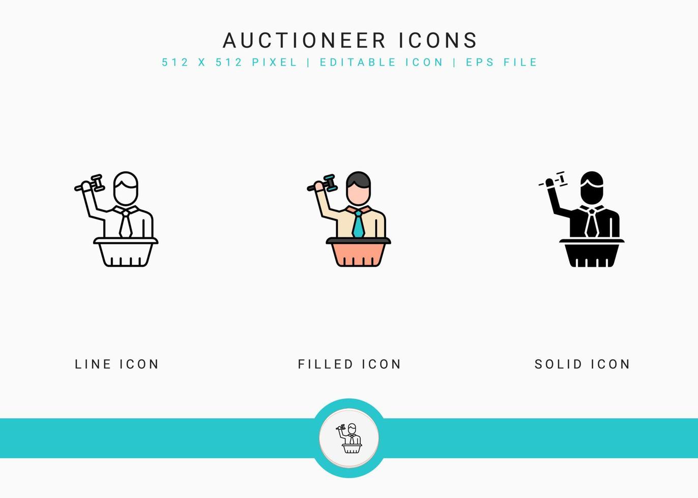 iconos de subastador establecen ilustración vectorial con estilo de línea de icono sólido. concepto de acto de subasta. icono de trazo editable en un fondo aislado para diseño web, interfaz de usuario y aplicación móvil vector