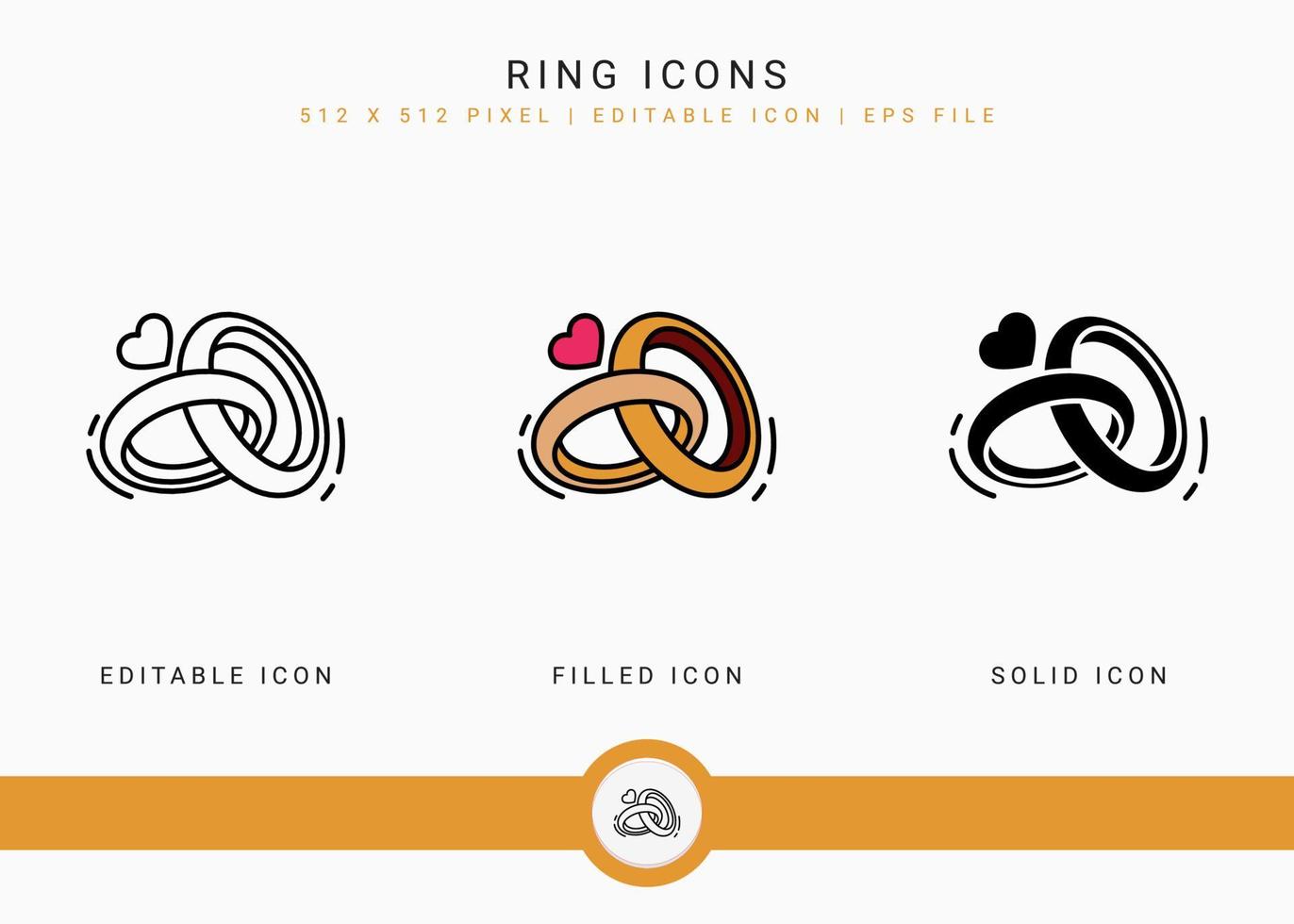 Ring icons set vector illustration with solid icon line style. Wedding love romance concept. Editable stroke icon on isolated background for web design, user interface, and mobile application