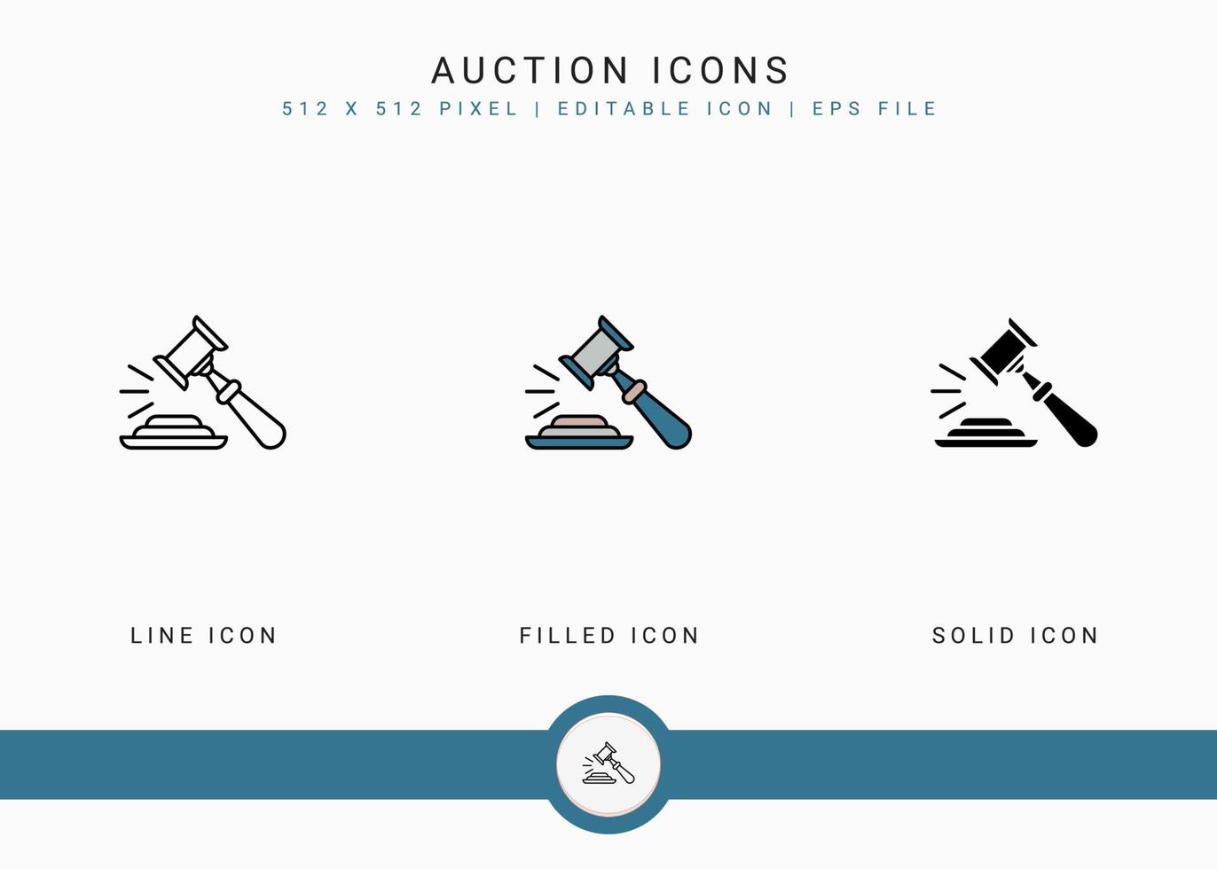 Auction icons set vector illustration with solid icon line style. Bid deal act concept. Editable stroke icon on isolated background for web design, user interface, and mobile application