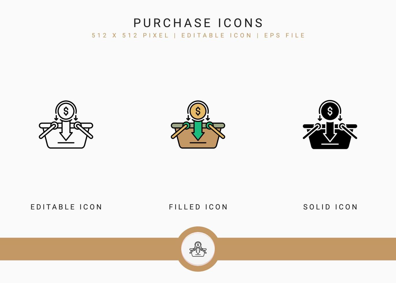 Purchase icons set vector illustration with solid icon line style. Online store retail concept. Editable stroke icon on isolated background for web design, user interface, and mobile app