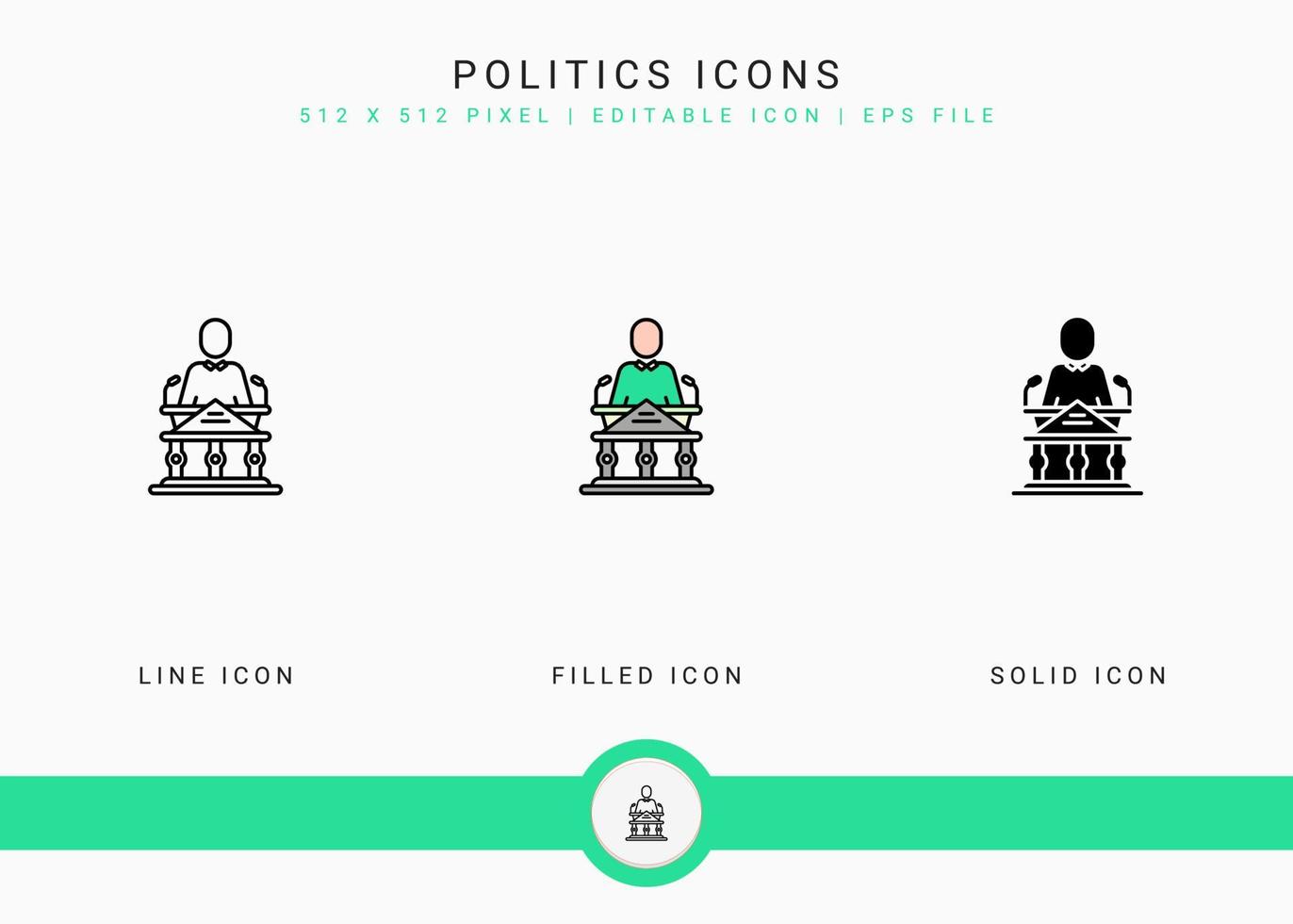 los iconos de política establecen ilustración vectorial con estilo de línea de icono sólido. concepto de elección pública del gobierno. icono de trazo editable en un fondo aislado para diseño web, interfaz de usuario y aplicación móvil vector