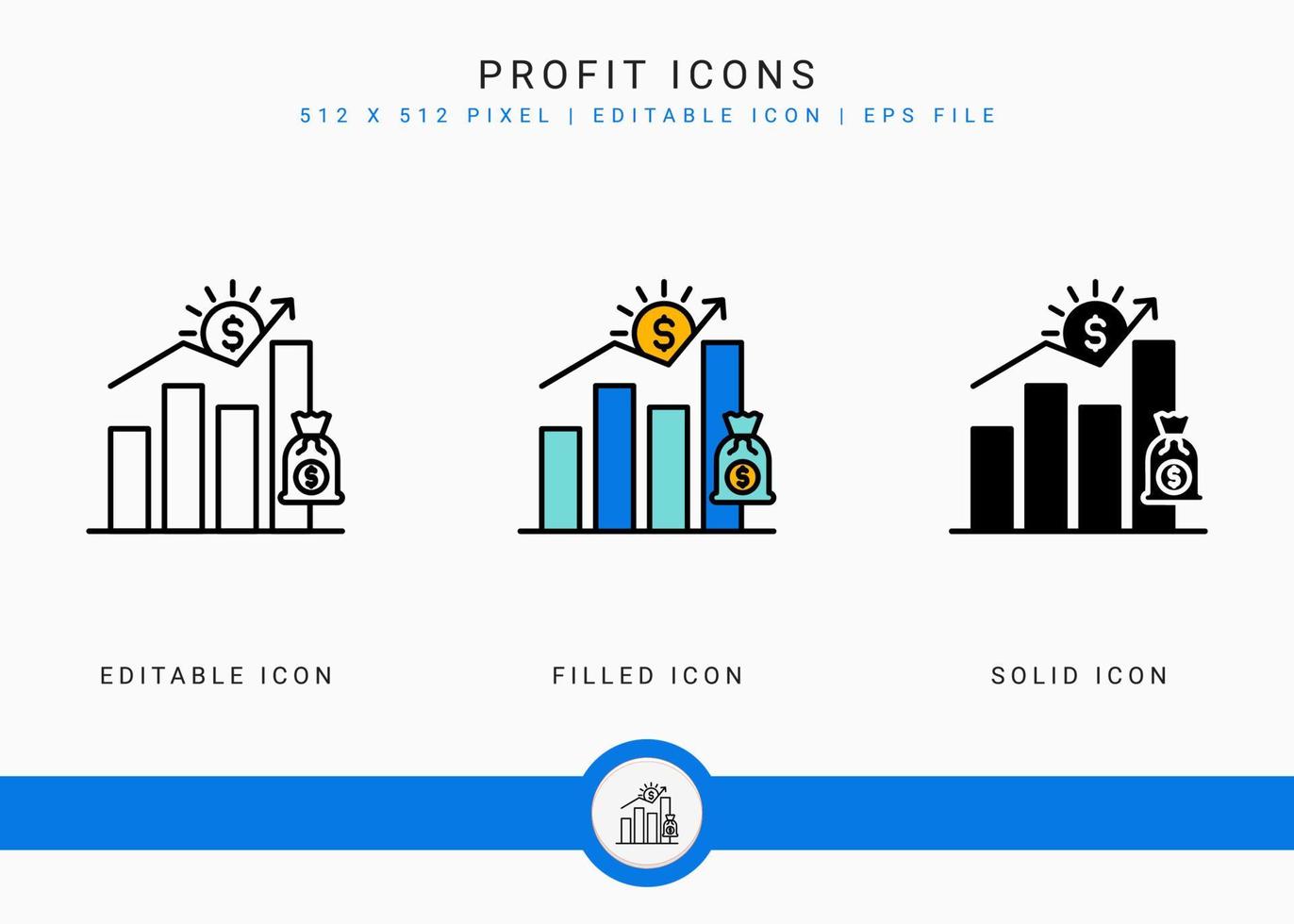 Profit icons set vector illustration with solid icon line style. Investment increase concept. Editable stroke icon on isolated white background for web design, user interface, and mobile application