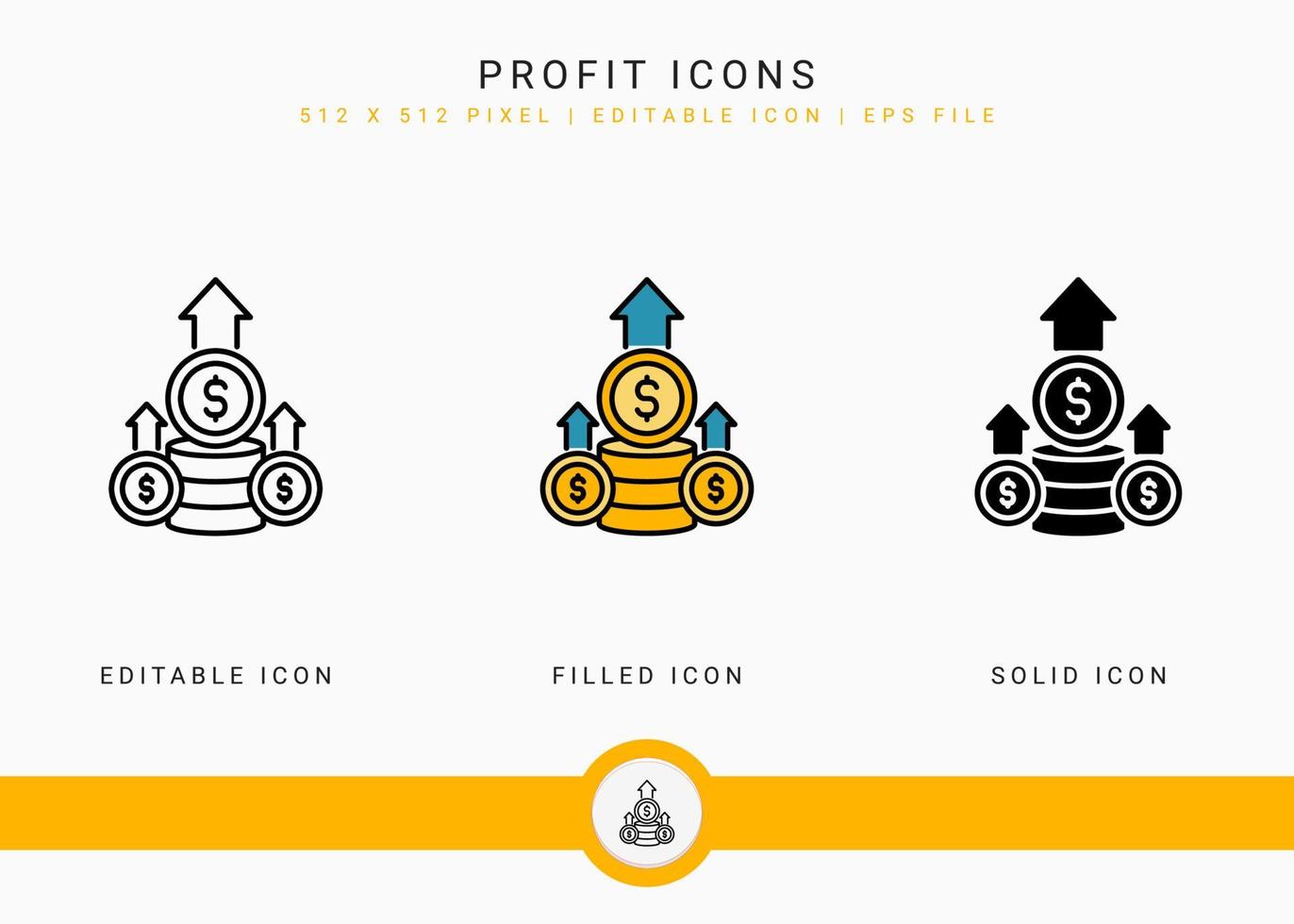 Profit icons set vector illustration with solid icon line style. Investment increase concept. Editable stroke icon on isolated white background for web design, user interface, and mobile application