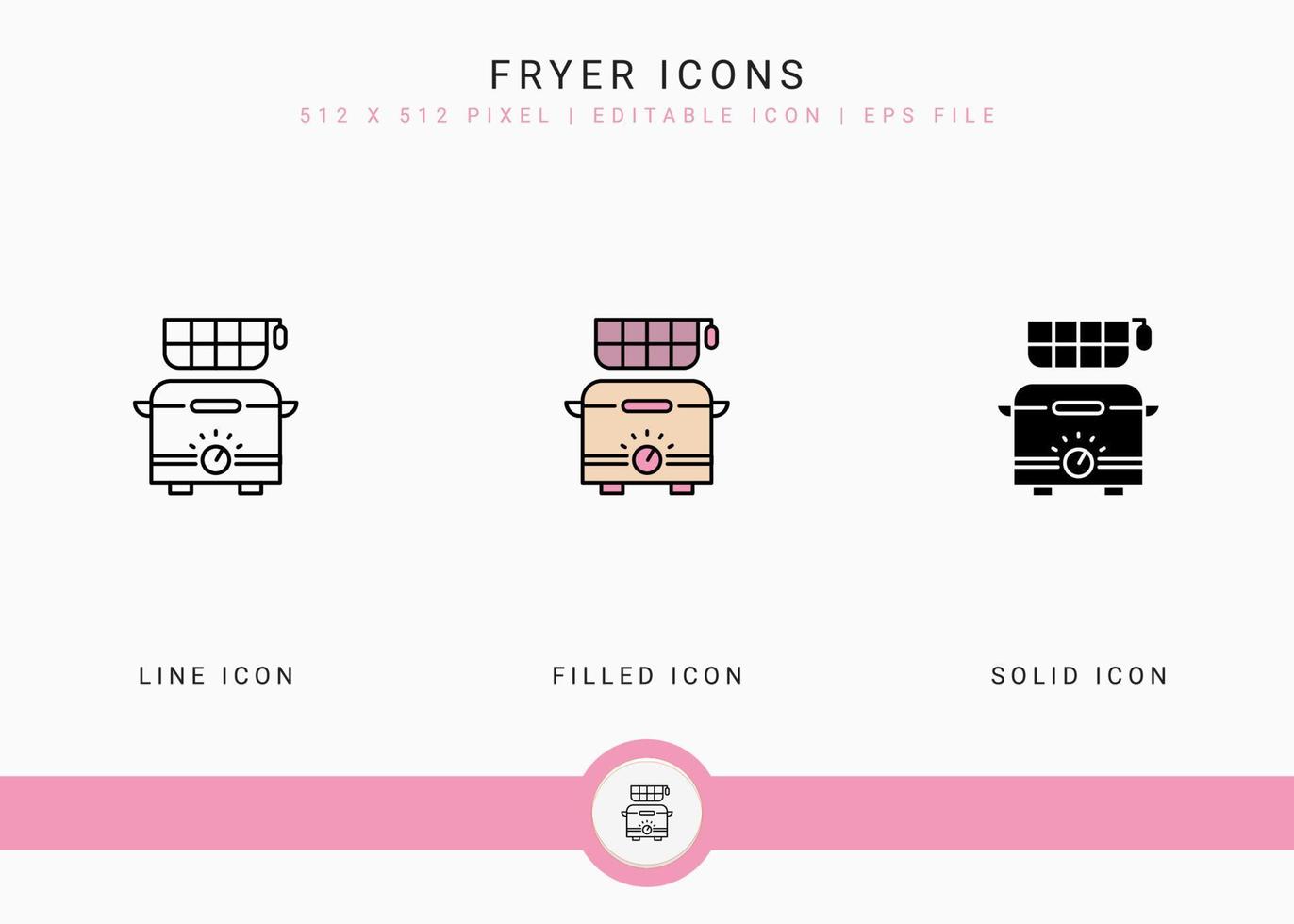 Fryer icons set vector illustration with solid icon line style. Potato fried basket concept. Editable stroke icon on isolated background for web design, user interface, and mobile app