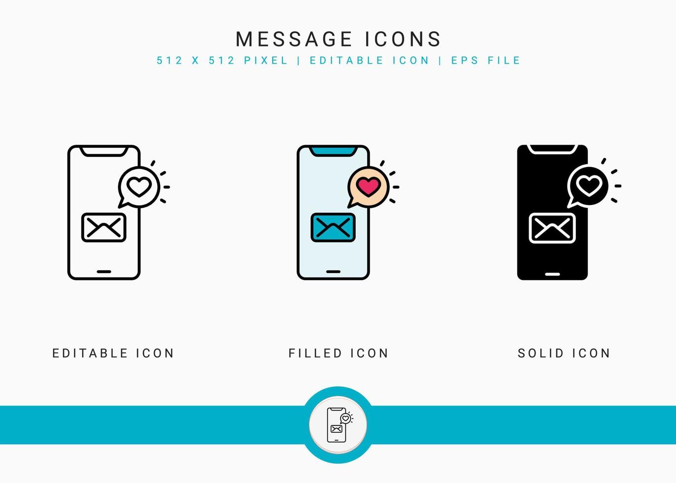 Message icons set vector illustration with solid icon line style. Wedding love romance concept. Editable stroke icon on isolated background for web design, user interface, and mobile application
