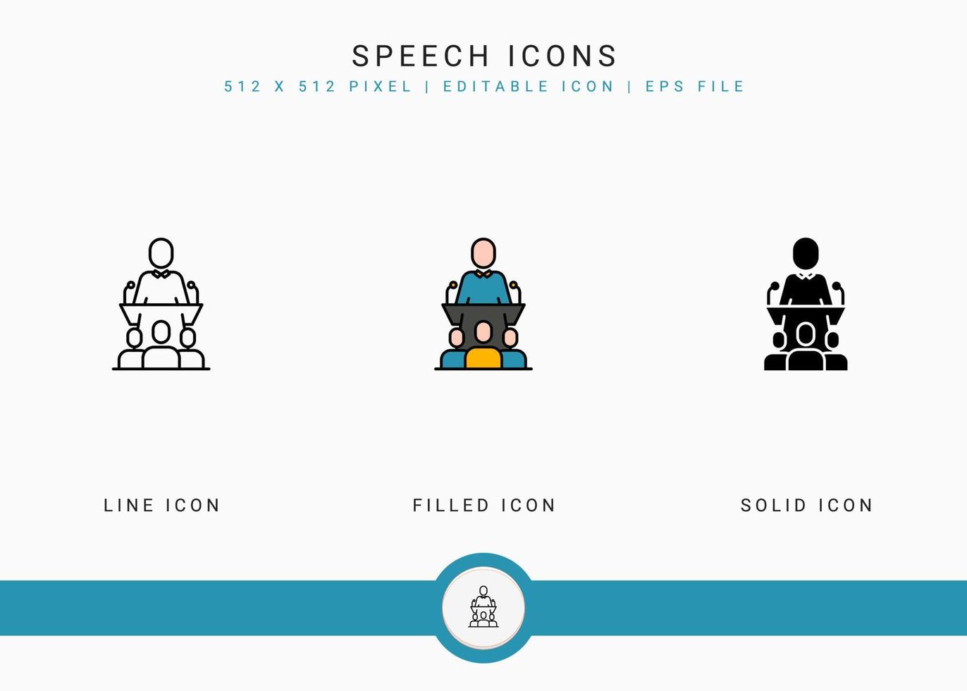 Speech icons set vector illustration with solid icon line style. Government public election concept. Editable stroke icon on isolated background for web design, user interface, and mobile app