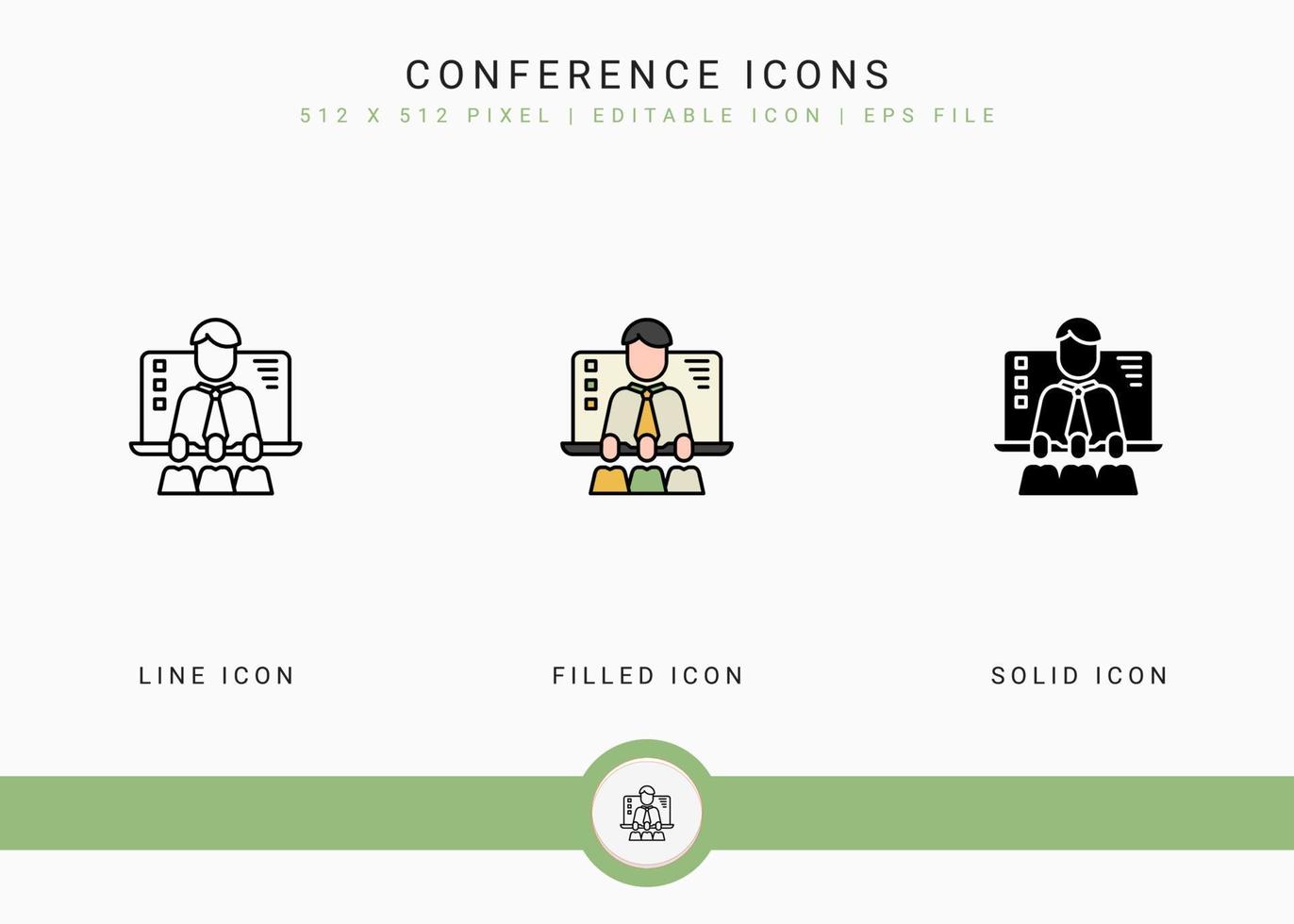 Conference icons set vector illustration with solid icon line style. Online video webinar concept. Editable stroke icon on isolated background for web design, user interface, and mobile app